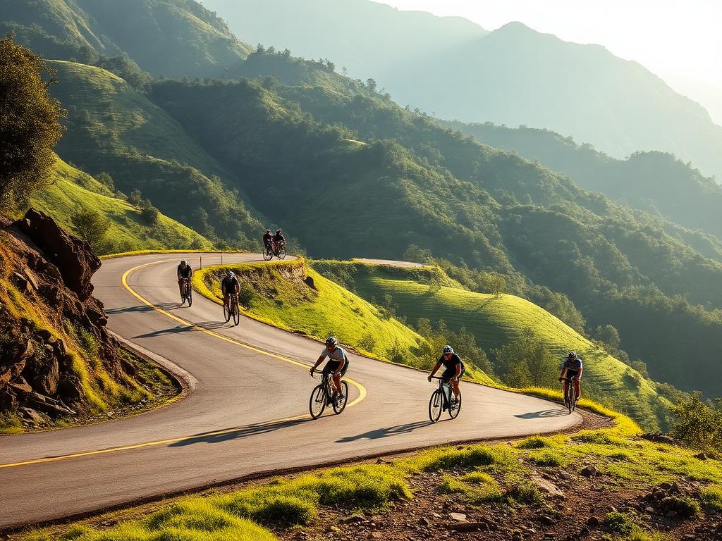 Grupo de ciclistas rodando por una carretera de montaña en Colombia